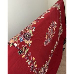 Pottery Barn Red Embroidered Embossed Handmade Linen Floral KING Bed Duvet EUC